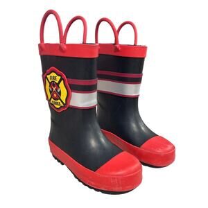 Mysoft Toddler Kids Size 7 Red Black Fire Chief Pull On Handles Rain Boots